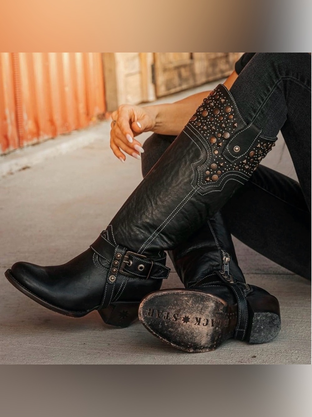 Black Star Levelland Western Studded Leather Heeled Boots Size 9.5